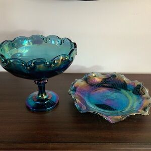 Vintage carnival Iridescent Glass Bowl and Compote Set